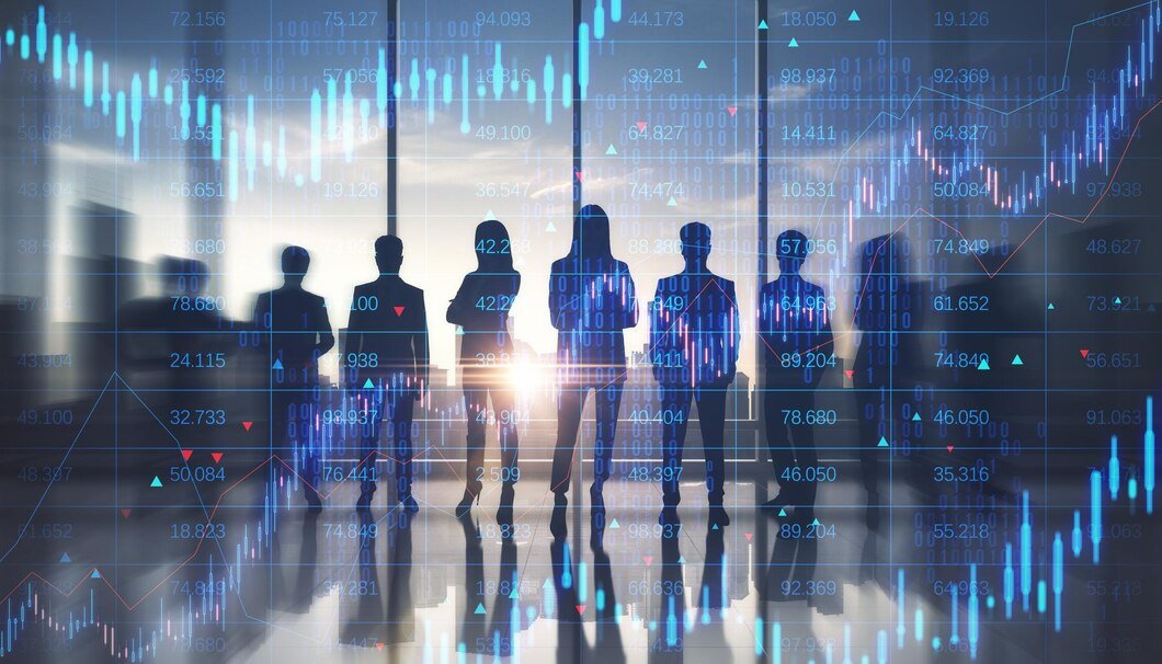 Businesspeople Standing Together Overlaid With Financial Data Charts Light Background 670147 115219